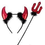 ROSAUI Halloween Teufelshörner und Dreizack, Karneval Teufel Kostüm Damen, Hörner Haarreif Rot, 36cm Zepter, Hörner Kopfschmuck Teufel Accessoire Fasching Party