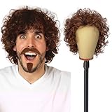 UILYNIU Herren Braun Perücke Locken Hippie Kostüm Perrücke Mit Schnauzbart, 70er 80er Jahre Afro Shaggy Perücke Braun, Disco Dude Punk Perücke für Herren Cosplay Halloween Fasching Mottoparty (Braun)