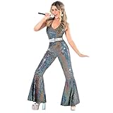 Morph Disco Outfit Damen, 70er Jahre Outfit Damen, Schlagerparty Outfit Frauen, Party Outfit 70er Jahre, Bad Taste Kostüm, Glitzer Jumpsuit Damen - M
