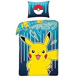 Halantex Bettwäsche-Set Pokemon, Picachu, Gelb, Blau, 2-teilig 140 x 200 cm + 1 Kissenbezug. 100 % Baumwolle, Oeko-TEX., Einzelbett