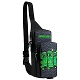 Minecraft Sling Bag Kinder, Brusttasche Umhängetasche mit Reißverschluss & Verstellbarem Gurt Geschenke für Jungs (Schwarz/Grün)