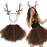 BOFUNX Damen Rentier Kostüm Rentier Geweih Haarreif mit Tüllrock Weihnachten Geweih Kostüm Reh Kostüm Tierkostüm für Weihnachten Fasching Karneval Mottoparty M