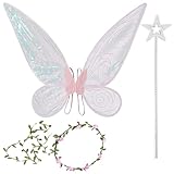 TZQFROCE Feenflügel Kostüm Feenflügel Damen Fee Kostüm Damen Schmetterlingsflügel Elfenflügel mit Blumenkranz Zauberstab für Kinder Mädchen Prinzessin Party Cosplay - Rosa