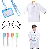 TSHAOUN Kinder Wissenschaftler Kostüm 7-Teiliges Set Arztkitel Laborkittel mit Flüssigkeitstropfer Gläser Arbeitskarte, Kinder Wissenschaftler Arzt Rollenspiel für Halloween, Mottoparty (White)
