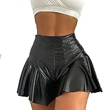 Ledershorts Damen Sexy Wetlook Lack und Leder Mini Lederrock Shorts Frauen Hotpants Festival Rave Techno Pole Dance Outfit Lara Croft Kostüm Halloween Karneval Party Faschingskostüme Schwarz 10 M