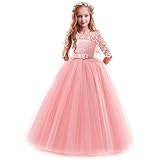 IWEMEK Elegant Brautjungfer Kleider für Mädchen Blumenmädchen Hochzeitskleid 3/4 Arm Spitzenkleid Tüllkleid Prinzessin Festzug Erste Kommunionskleider Weihnachten Karneval Abendkleid Partykleid 9-10