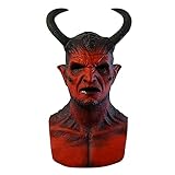 Halloween Maske Scary Rot Dämon Maske mit Hörner Realistisch Teufel Latex Maske für Erwachsene Herren Full Face und Hals Gruselig Maske Horror Kostüm, Halloween Costume Maske Cosplay