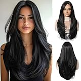 OUFEI Schwarz Perücken für Frauen Lange Perücke mit Pony Natürliche Gerade Perücken Synthetisches Haar Hitzebeständige Perücken für Die Tägliche Party Cosplay Wear