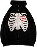 YINGKE Damen Zip Skeleton Print Hoodie Sweatshirt Langarm Y2K E-Girl Pullover Freizeitjacken Gothic Harajuku Streetwear Hoodie(M,Schwarz)