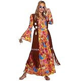 Morph Hippie Kostüm Damen Kleid, Hippie Kleidung Damen 70er Jahre, Kostüm Schlagerparty Damen, Kostüm Damen Hippie Kleid, 70 Jahre Kostüm Damen, 70er Jahre Kleider, Faschingskostüme Damen Hippie L