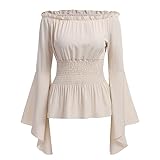 Damen Renaissance Bauernbluse Schulterfrei Tops Trompeten?rmel Gothic Lolita Boho Bluse Mittelalter Gesmokt Langarmshirt Pirat Steampunk R?schenbluse Wikinger Kleidung Kost?m Halloween Beige XL