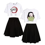 Yumenam Damen Crop Top und Rock 2 Stück Anzug Kamado Nezuko Gedruckt Sommer Kurzarm T-Shirts + Rock Pyjama-Set Trainingsanzüge Cosplay Outfits für Anime Fans