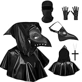 Winric 5 Stück Pestdoktor Kostüm Pest Doktor Vogel Maske Set, Steampunk Halloween Karneval Kostüm mit Schnabel Maske Schwarz Kapuzenumhang Halskette Handschuhe Sturmhaube für Cosplay Party