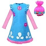 laughZuaia Kinder Mädchen Trolle Mohn Prinzessin Kostüm mit Perücke Halloween Cosplay Party Geschenke (120, Style 1)
