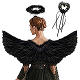 Goenb Engelsflügel, 80*41cm Engelsflügel Schwarz Engel Kostüm Damen Kinder Herren Erwachsene Engelsflügel Amor Kostüm Damen Mit Heiligenschein Engel Für Halloween Karneval Geburtstag Party