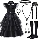 NINGESHOP Wednesday Kostüm kinder, Mittwoch Kostüm Mädchenkleid,Gothic Kleider Outfits mit Perücke,Ohrring,Socken,Kleid für Mädchen Halloween Karneval Cosplay Party Outfit 4-14 Jahre, 120 cm