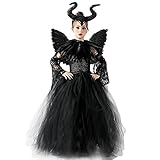 AMOBON Maleficent Kostüm für Kinder, Mädchen Böse Königin Kleid mit Hörner Kopfschmuck und Schwarze Flügel Umhang Schulterklappen für Karneval Fasching Halloween Cosplay Carnival Motto Party (S)