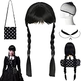 Schwarze Geflochtene Perücken, Lange Schwarz geflochtene Zöpfe Perücke, Wednesday Perücke mit Halskette, Schwarz Perücke für Mittwoch, Wendsdey Schwarze Perücke mit Pony, für Karneval Cosplay Party