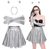 3pcs Alien Kostüm Set Cosplay Metallic Glitzer Outfits Damen Metallischer Faltenrock + Alien Haarreif + Metallic Handschuhe 80er Festival Kostüm Set Silber XL