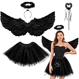 Goenb Engelsflügel, 80 * 40cm Schwarz Engelsflügel und Halo Wand Engel Kostüm Zubehör mit Tüll Tutu Rock für Halloween Weihnachten Karneval Fasching Mottoparty