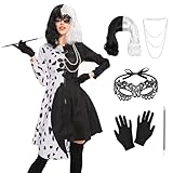 6 Stück Cruella Kostüm Damen Set, Cruella Devil Kostüm Damen mit Perücke Spitze Maske Handschuhe Perlenkette und Lange Stange, Schwarz Weißes Dalmatiner Kleid für Karneval Cosplay Party Fasching (XXL)