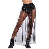 Festival Outfit Damen Rave Techno Sexy 2 in 1 Transparent Mesh Rock Shorts High Waist Maxirock Y2K Glitzer Sterne Pailletten Gothic Tüllrock Teenager Mädchen Party Streetwear Clubwear Schwarz XL
