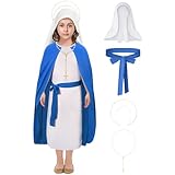 Maria Kostüm Mädchen Jungfrau Heilige Biblische Figur Outfit für Kinder Kleid Tunika Kopftuch für Krippenspiel Weihnachtskrippe Party (blau-weiß, S)
