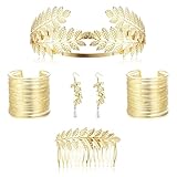 LOLIAS Griechisches Göttinnen Zubehör Set Goldenes Lorbeerblatt Krone Stirnband Oberarmmanschette Spulenarmband Perlenblatt Ohrring Braut Hochzeit Kopf schmuck Kostümschmuck