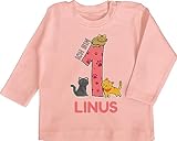 Baby Langarmshirt - 1. Geburtstag - Ich Bin 1 - Name und lustige Katzen Bilder zum Ersten - 12/18 Monate - Babyrosa - für einjährigen Tshirt Langarm First Birthday Boy Outfit 1-jährigen Shirt
