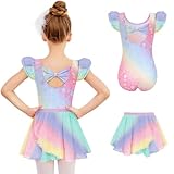 Arshiner Ballettkleidung Mädchen Ballettkleid Regenbogen Balletttrikot Kurzarm Zweiteiliger Ballettanzug Kinder Ballerina Kostüm Ballett Tanzbody mit Rock Tütü 3-4 Jahre