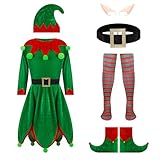QiaoPkeb 6-teilige Frauen Urlaub Elfen Kostüm Samt Kleid Weihnachten Karneval Rollenspiel Elfen Hut Schuhe Ohrriemen Socken (L)
