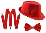 Gangster Kostüm Set für Herren I Hut - Hosenträger - Fliege I Rot I 1920er Mafia Accessoire Outfit