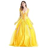 IWEMEK Damen Belle Kleid Erwachsene Halloween Fasching Karneval Kostüm Festlich Party Prinzessin Kleid Gelbes Maxikleid mit Handschuhe Märchen Cosplay Verkleidung 2tlg Set Outfits M