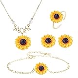 Wedity Sonnenblumen-Halskette, Sonnenblumen-Ohrringe, Ring, Blumen-Armbänder, Schmuck-Set, verstellbar, für Frauen und Mädchen (Gold)