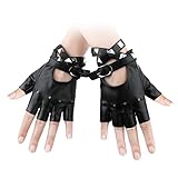 1 Paar Fingerlose Handschuhe aus Leder, Weiches PU Punk Handschuhe Fingerlos Handschuhe Cosplay Schwarzes Rocker Kostüm mit Armband für Halloween Damen Teenager