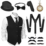 Alintor 20er Jahre Kostüm Herren, FaschingsKostüme Männer, Mafia Karneval Kostüm Herren, Peaky Blinders Kostüm, 20er Jahre Accessoires Panama Hut Weste Krawatte Fliege Hosenträger Herren Kostüm Set(L)