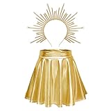 BOFUNX Sonnengöttin Kostüm, Metallischer Faltenrock glänzend Kurz Rock + Halo Haarreif gold Haarschmuck für Karneval Mottoparty Sonne Kostüm Zubehör