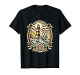 Retro Sea Tattoo Shirt Vintage Nautical T-Shirt Old School Tattoo Style Leuchtturm & Segelboot T-Shirt Schwarz Klein Unisex Klassische Passform Kurzarm