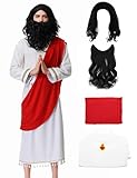 KUKIKUKI Jesus Kostüm Biblisches Gewand Hirte Halloween Cosplay Religiöse Outfits mit Perücke Schnurrbart Set für Erwachsene (WEISS, L)