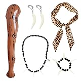 EUPSIIU 5 Stück Damen Höhlenfrau kostüm Leoparden Kostüm Set Aufblasbare Waffe Tier Leopard Stirnband für Kostüm Party Dekoration Zubehör Steinzeit Mottoparty Kannibale Höhlenmensch(5 Stück)