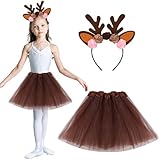 YEAMLTE Rentier Kostüm Mädchen, Reh Kostüm Kinder, Kostüm Rentier Kinder, Elch Kostüm mit TüTü kinder, Haarreif Rentier, Tierkostüm Kinder für Cosplay, Weihnachten, Karneval (2 PCS)