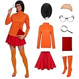 AJGEGJE Velma Kostüm für Damen, Orange Rollkragen-Top, Skaterrock, Socken, Erwachsene Cosplay Kostüme für Partys, Karneval& Halloween (XL)