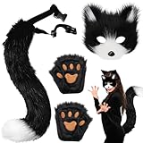 AUNGCSHE 3 Stück Pelzige Fuchs Maske, Therian Tail, Handschuhe, Karneval Mask Ostern Halloween Party Cosplay Kostüm Zubehör Set für Frau Mädchen Kinder Erwachsene (Schwarz Weiß)