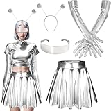 Echehi Alien Kostüm Damen Set 4Pcs, Space Girl Kostüm Damen, Alien Glitzerrock, Alien Haarreif, Futuristisches Brille, Alien Handschuhe, Weltall Kostüm Für Fasching Karneval Party(L)