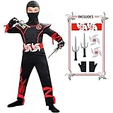 Blu Ninfee Halloween Ninja Kostüm Kinder, Halloween Kostüme Junge Einteilig, Karneval Kostüm Mädchen Halloweenkostüm Faschingskostüme mit Wurfstern Sai Rot Schwarz, XL(12-14 Jahre,150-160cm)