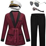 Hugh Hefner Kostüm, Playboy rote Robe, Seidenhose, Hue Hefner Kapitänsmütze und Pfeife, Halloween-Kostüme, Zubehör für Herren, Größe L