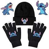 Wintermütze und Handschuhe Vollfinger Set, Stit-ch Winter Beanie Mütze und Handschuhe für Kinder, Stitc Strickmütze Winterhandschuhe, Schwarz Warme Winter Mütze Winterhandschuhe für Unisex Kinder