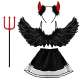 Bluelves Engel Flügel Schwarz mit Teufelshörner,4 Stück 60CM Engelsflügel Kostüm, Halloween Kostüm Damen,Angel Wings für Kinder,Teufel kostüm für Halloween Karneval Cosplay Party Cosplay