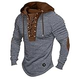Azruma Herren-T-Shirt Longshirt Ukraine Tshirt Vintage Distressed Plissee Langarm Schnürung Henley Shirt Mit Kapuze Piratenkostüm Herrencotosen Herren Shirt (Grau, M)