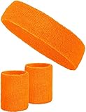 3-teiliges Schweißband-Set mit 2X Schweißbändern für die Handgelenke + 1x Stirnband für Damen & Herren (Orange)